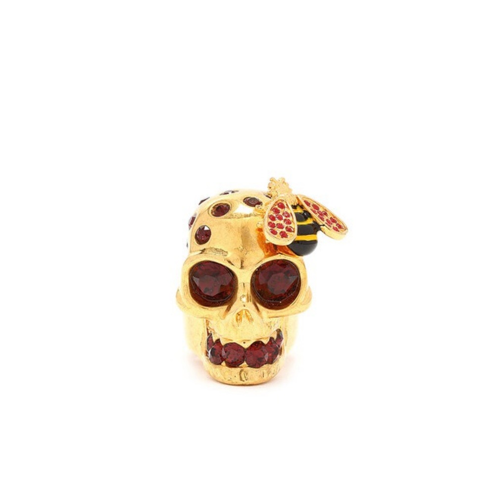 Alexander McQueen Gold Skull Ring with Red Crystal Eyes and Bee Accent